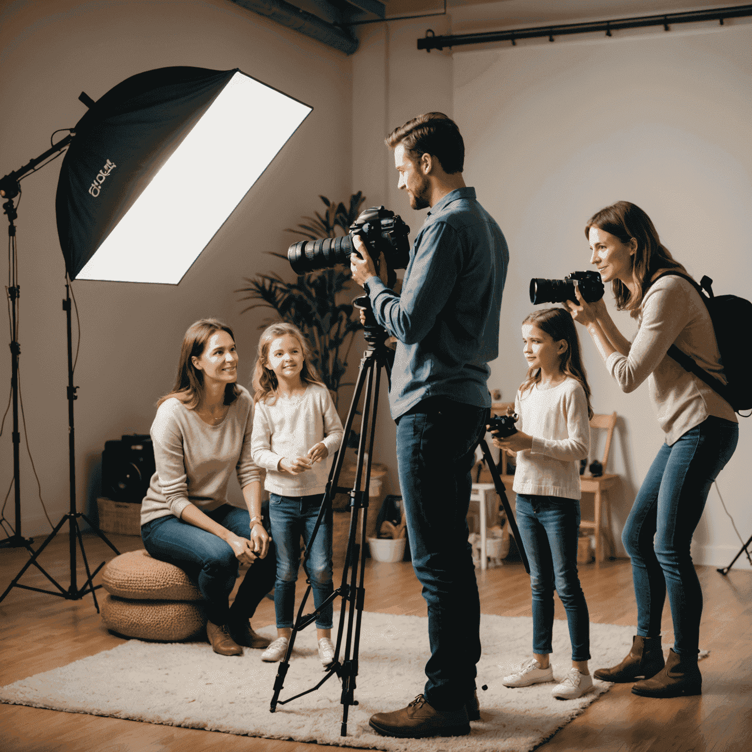 Profesyonel portre fotoğrafçısı, bir aileyi stüdyoda fotoğraflıyor. Arka planda yumuşak ışıklandırma ve çeşitli fotoğraf ekipmanları görünüyor.