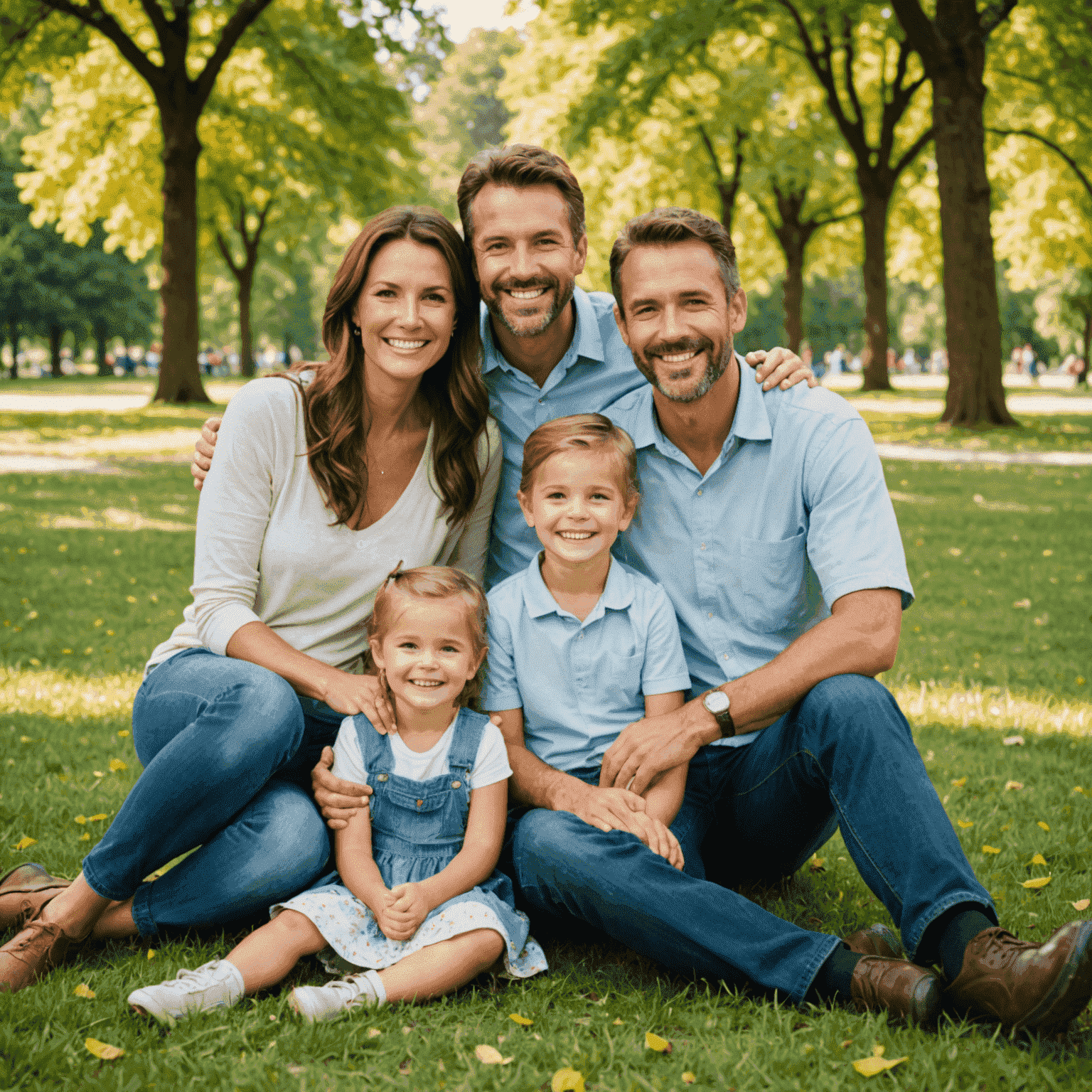 Parkta çekilen neşeli bir aile portresi. Anne, baba ve iki çocuk çimenler üzerinde oturuyor ve gülümsüyor.