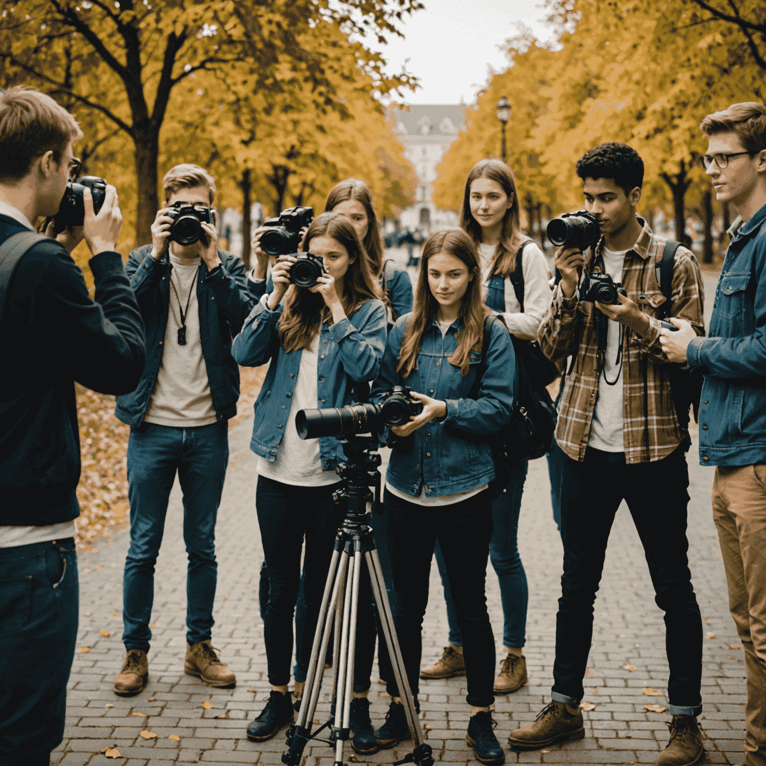 Bir grup öğrenci, profesyonel bir fotoğrafçının liderliğinde fotoğraf teknikleri öğreniyor. Çeşitli kameralar ve fotoğraf ekipmanları görünüyor.